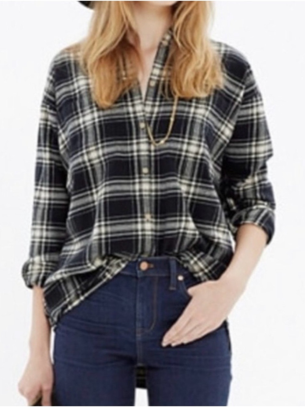 Madewell Black and Ivory Plaid Flannel Trapeze Button-Down Shirt Ovetsized XXS